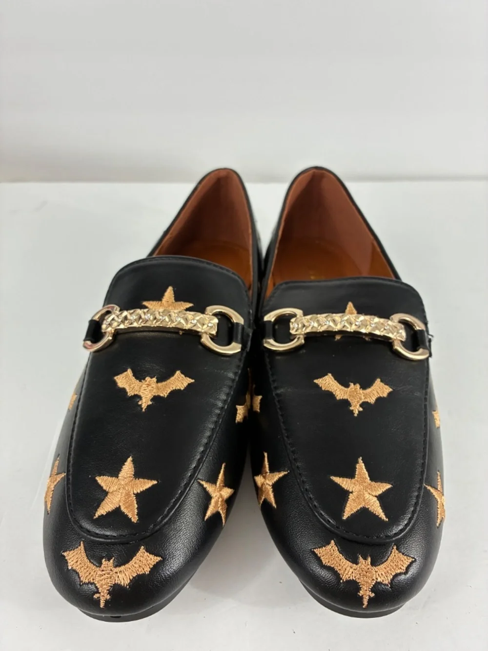 Bat Star Embroidered Loafers Black Horsebit Flat Slip On Shoes Smooth Leather